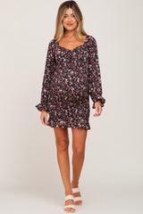 Black Floral Sweetheart Neck Smocked Long Sleeve Maternity Dress