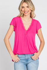 Fuchsia Lace Trim Short Sleeve Top