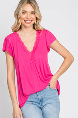 Fuchsia Lace Trim Short Sleeve Top