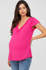 Fuchsia Lace Trim Maternity Short Sleeve Top