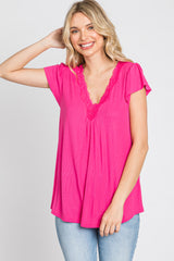 Fuchsia Lace Trim Short Sleeve Top