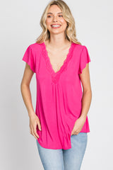 Fuchsia Lace Trim Short Sleeve Top