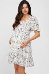 Ivory Printed Puff Sleeve Maternity Tiered Dress