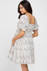 Ivory Printed Puff Sleeve Maternity Tiered Dress