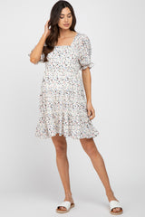 Ivory Printed Puff Sleeve Maternity Tiered Dress