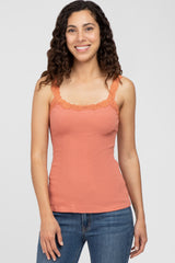 Rust Lace Accent Ribbed Maternity Tank Top