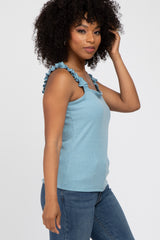 Light Blue Ribbed Square Neck Ruffle Strap Top