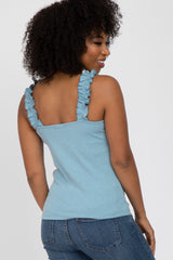 Light Blue Ribbed Square Neck Ruffle Strap Top