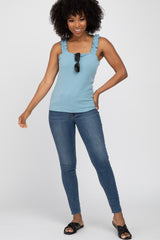 Light Blue Ribbed Square Neck Ruffle Strap Top