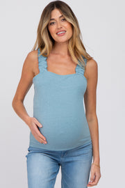 Light Blue Ribbed Square Neck Ruffle Strap Maternity Top