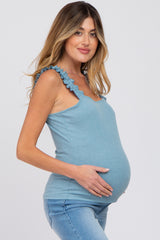 Light Blue Ribbed Square Neck Ruffle Strap Maternity Top