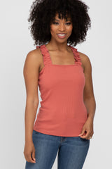 Rust Ribbed Square Neck Ruffle Strap Top