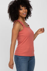 Rust Ribbed Square Neck Ruffle Strap Top