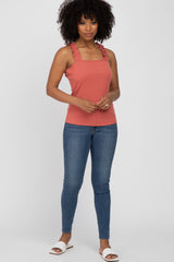 Rust Ribbed Square Neck Ruffle Strap Top