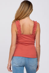 Rust Ribbed Square Neck Ruffle Strap Maternity Top