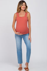 Rust Ribbed Square Neck Ruffle Strap Maternity Top