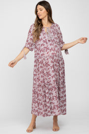 Mauve Floral Tassel Tie Tiered Maternity Maxi Dress