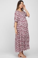 Mauve Floral Tassel Tie Tiered Maternity Maxi Dress