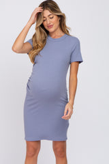 Blue Ribbed Ruched Side Fitted Short Sleeve Maternity Dress