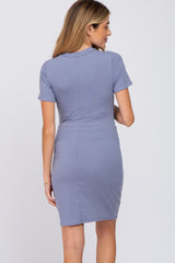 Blue Ribbed Ruched Side Fitted Short Sleeve Maternity Dress