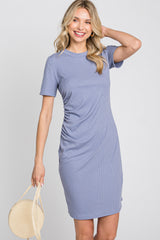 Blue Ribbed Ruched Side Fitted Short Sleeve Maternity Dress