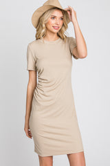 Beige Ribbed Ruched Side Fitted Short Sleeve Maternity Dress