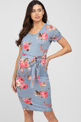 Light Blue Floral Sash Tie Maternity Fitted Dress