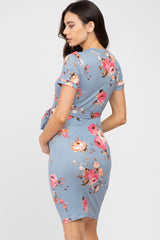 Light Blue Floral Sash Tie Maternity Fitted Dress