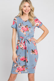 Light Blue Floral Sash Tie Fitted Dress