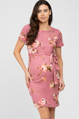 Mauve Floral Sash Tie Maternity Fitted Dress