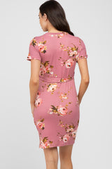 Mauve Floral Sash Tie Maternity Fitted Dress