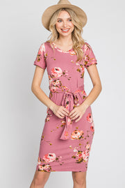 Mauve Floral Sash Tie Fitted Dress