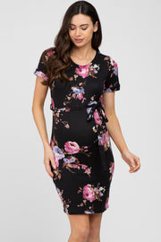 Black Floral Sash Tie Maternity Fitted Dress