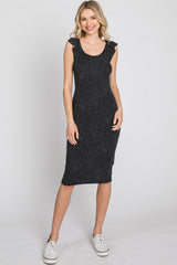 Black Polka Dot Ribbed Fitted Dress