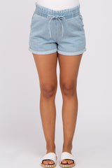 Light Blue Cuffed Paper Bag Waist Maternity Jean Shorts