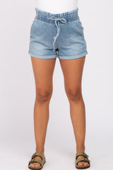 Blue Cuffed Paper Bag Waist Maternity Jean Shorts