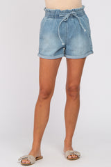 Blue Cuffed Paper Bag Waist Jean Shorts