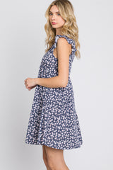 Navy Floral Ruffle Sleeve Dress