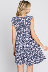 Navy Floral Ruffle Sleeve Dress