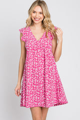 Fuchsia Floral Ruffle Sleeve Dress