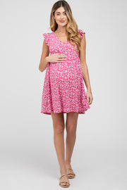 Fuchsia Floral Ruffle Sleeve Maternity Dress