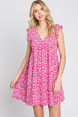 Fuchsia Floral Ruffle Sleeve Dress