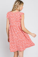 Coral Floral Ruffle Sleeve Dress