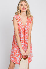 Coral Floral Ruffle Sleeve Dress