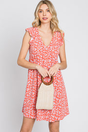 Coral Floral Ruffle Sleeve Dress