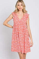 Coral Floral Ruffle Sleeve Dress