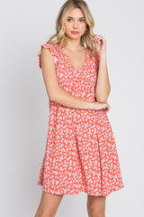 Coral Floral Ruffle Sleeve Dress