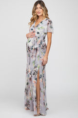 Lavender Floral Chiffon Short Sleeve Side Slit Maternity Maxi Dress