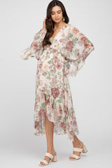 Cream Floral Chiffon Long Sleeve Maternity Midi Dress