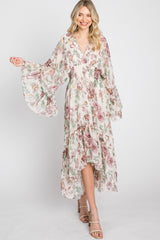 Cream Floral Chiffon Long Sleeve Midi Dress